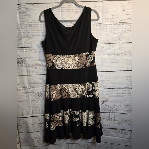 R&M Richards Black Sleeveless Dress With Floral Brown And Cream. Womans Size 14 - Picture 2 of 5